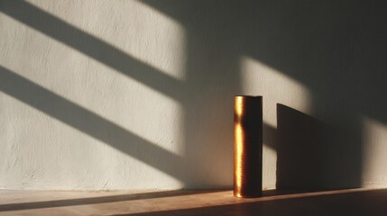 Minimalist still life with a metallic vase casting shadows on a plain wall.
