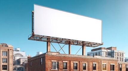 Large blank billboard on rooftop of brick building in clear sky urban setting.