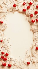 A textured background featuring creamy swirls and vibrant red cherries, perfect for dessert menus, recipe cards, or food blogs