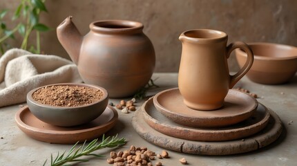 Ceramic pottery arranged on a table with spices and herbs, showcasing traditional craftsmanship in a natural setting