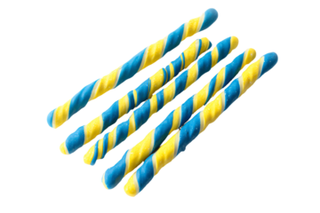 a group of blue and yellow striped candy sticks