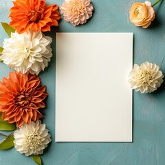 A blank white sheet is surrounded by a variety of vibrant flowers, including dahlias and ranunculus, set against a textured teal background, Ideal for invitations, announcements, or creative designs,