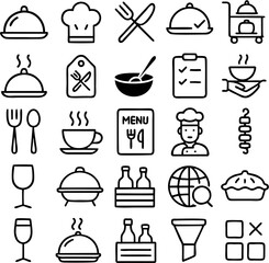 Catering vector icon set includes food trays, chef hats, serving dishes, buffet tables, utensils, drinks, menus, waiters, platters, and event dining elements.

