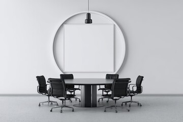 Minimalist meeting room, white walls, black circular table and chairs, blank canvas framed by circle