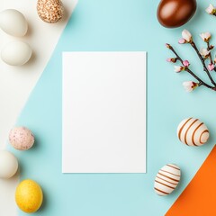 A flat lay featuring colorful easter eggs and a blank white card, perfect for spring themes, Ideal for card designs, invitations, or promotional material related to festive celebrations,