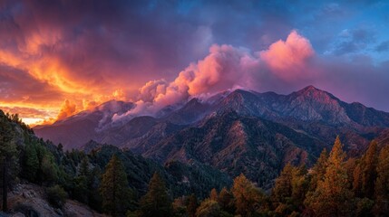Majestic mountain landscape during vibrant sunset with colorful clouds and lush forest.