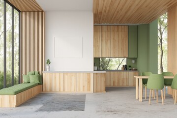 Light-filled, modern kitchen-dining area with natural wood accents and sage green details