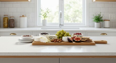 Elegant cheese board featuring an assortment of gourmet delights presented on a bright kitchen countertop