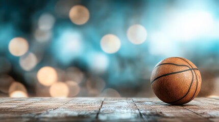 A basketball rests on a wooden surface against a blurred turquoise and gold backdrop, ideal for sports-related design, promotions, or motivational materials, Perfect for gym, training