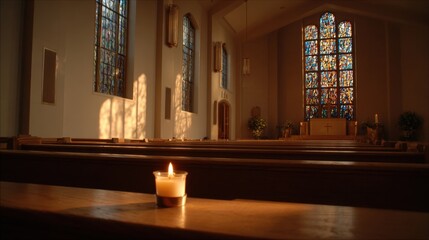 Serene church interior with warm candlelight illuminated stained glass windows and peaceful ambiance.