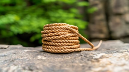 A neatly coiled rope sits on a stone surface, surrounded by greenery, This image is ideal for topics related to outdoor activities, crafts, or maritime themes, It can enhance articles, ads