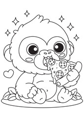 Coloring book monkey eating pizza with sparkles around.