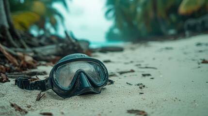 A close-up view of a snorkeling mask resting on a sandy beach, surrounded by scattered leaves and vegetation, evokes a sense of adventure and relaxation, Ideal for travel blogs or marine activities,