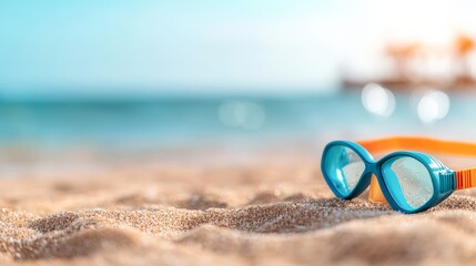 A pair of blue swimming goggles rests on sandy beach, capturing the essence of summer and leisure, Ideal for promoting beach activities, swimming events, or holiday destinations,