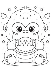 Coloring book monkey eating a big burger.