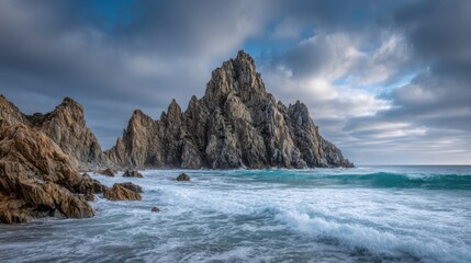 Fototapeta premium Majestic rugged mountain coastline with towering cliffs overlooking ocean waves and cloudy sky.