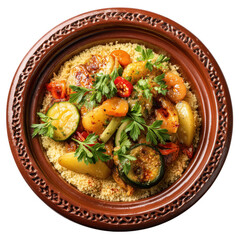 Delicious moroccan chicken tagine with couscous fresh herbs and seasonal vegetables