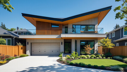 Fototapeta premium Modern Two-Story House with Flat Roof and Large Overhanging Eaves