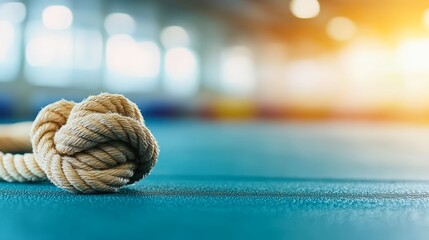 A close-up of a neatly coiled rope on a textured surface, with a blurred background creating a soothing atmosphere, Ideal for concepts like teamwork, challenges, strength, and nautical themes,