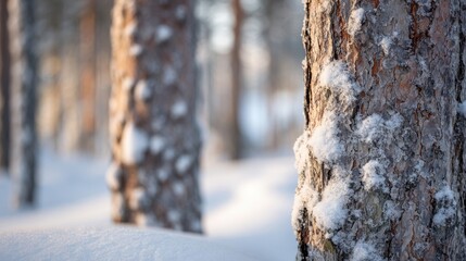 Fototapeta premium Close-up of tree trunks covered in snow in a winter forest scene with blurred background.