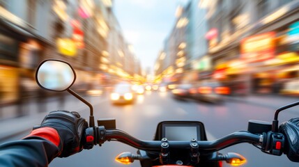 A dynamic view from a motorcycle, capturing the sensation of speed in an urban setting with blurred city lights, Ideal for transportation, adventure themes, or lifestyle promotions,