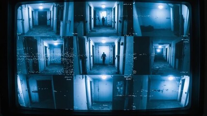 Surveillance Footage: Mysterious Figures Walking Down Dark Hallways. - Powered by Adobe