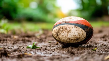 A close-up of a muddy rugby ball resting on damp ground, capturing the essence of outdoor sports, Ideal for articles, blogs, or marketing materials related to sports, teamwork, or outdoor activities,
