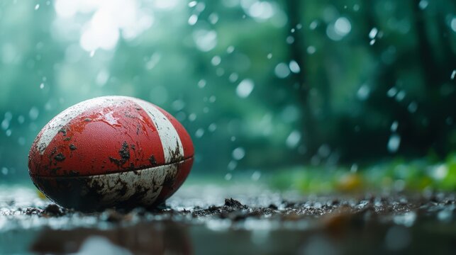 A close-up of a muddy rugby ball resting on wet ground in a rain-soaked environment, This image conveys the essence of sports and nature, ideal for articles, promotional materials - Powered by Adobe