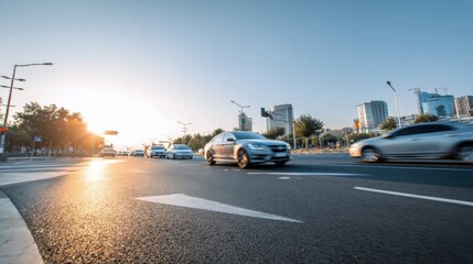 Modern city street with multiple cars in motion during sunset with urban buildings.
