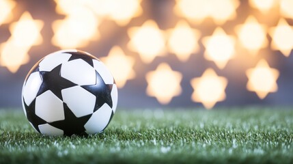 A classic soccer ball rests on vibrant green turf, contrasting against a softly blurred background with star-shaped lights, This image is perfect for sports-related content, marketing, or events,
