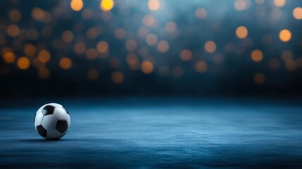 A solitary soccer ball rests on a textured surface, softly illuminated by blurred bokeh lights in the background, Suitable for sports-related marketing, event promotions, or blog posts,