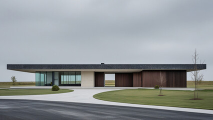Obraz premium Overcast Sky Photo of Modern House with Clean Lines and Dark Exterior