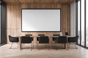 Modern, light-filled conference room with large blank screen