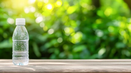 A clear plastic water bottle sits on a wooden table with a blurred green background, evoking freshness and hydration, Ideal for lifestyle, wellness, or environmental themes in marketing materials,