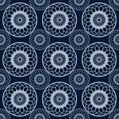 This boho line pattern with sacred geometry and fine line geometry forms a symmetrical pattern on deep indigo, layered in icy blue mist and soft white for spiritual balance and calming geometry.