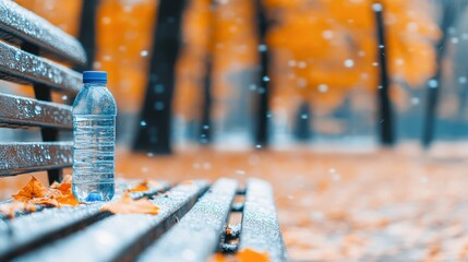 A crystal-clear water bottle rests on a snow-dusted bench amidst fallen autumn leaves, creating a serene, seasonal backdrop perfect for wellness, hydration, and nature-themed projects,