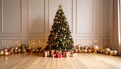 Christmas tree in a room with gifts and ornaments