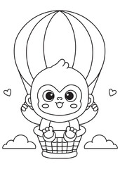 Coloring book monkey riding a hot air balloon.