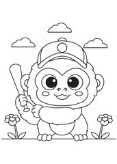 Coloring book monkey baseball player holding a bat