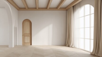 Bright spacious empty room with large window, natural light, and wooden door.