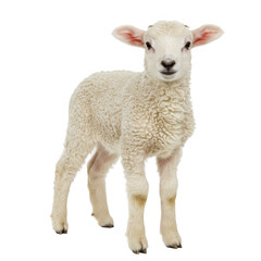 Standing lamb with fluffy wool coat looking forward isolated on transparent background