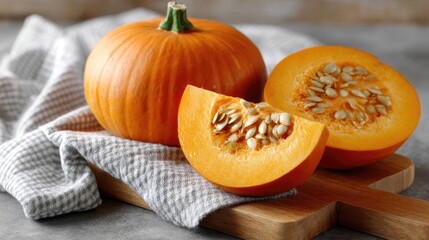 Ripe Hokkaido pumpkins cut into halves reveal bright orange flesh and seeds, beautifully arranged on a wooden board in soft natural light