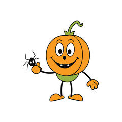 Pumpkin Holding a Spider in Hand Cartoon Illustration