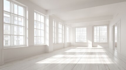 Obraz premium Bright spacious empty room with large windows and white walls natural sunlight.