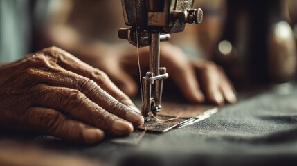 Detailed close-up of hands guiding fabric through a sewing machine in a workshop setting.