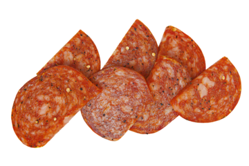 a group of slices of pepperoni on a white surface