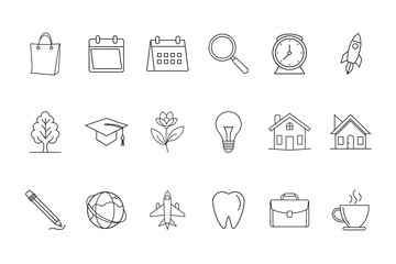 Line icons shopping bag calendar magnifying glass clock rocket tree graduation flower lightbulb house