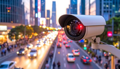 CCTV camera overlooking busy city street at night