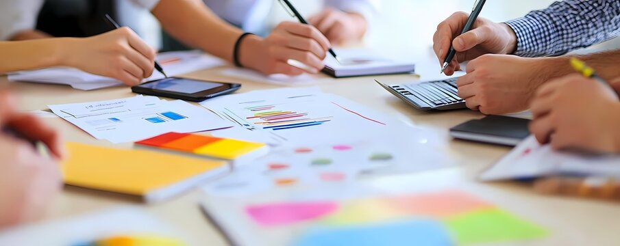 Diverse group brainstorming around a table laden with paperwork.