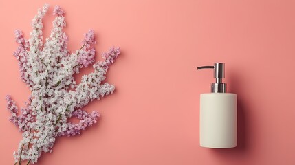 Delicate lilac blossoms and a simple dispenser on a pastel pink background.